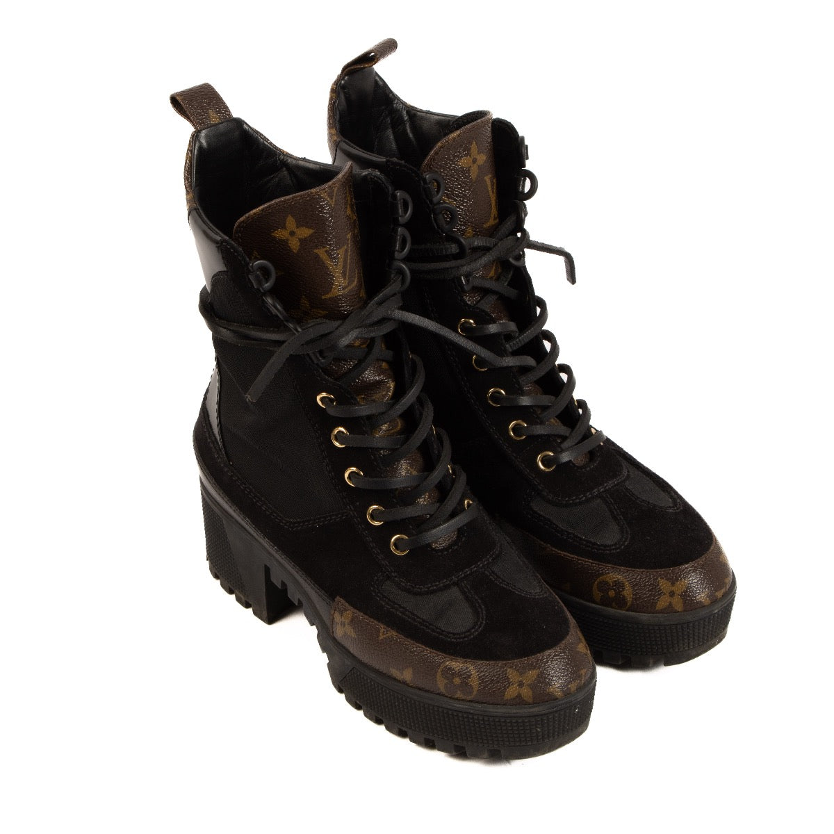 Shop safe online at Labellov these 100% authentic second hand Louis Vuitton Black and Monogram Laureate Desert Boots - size 36,5