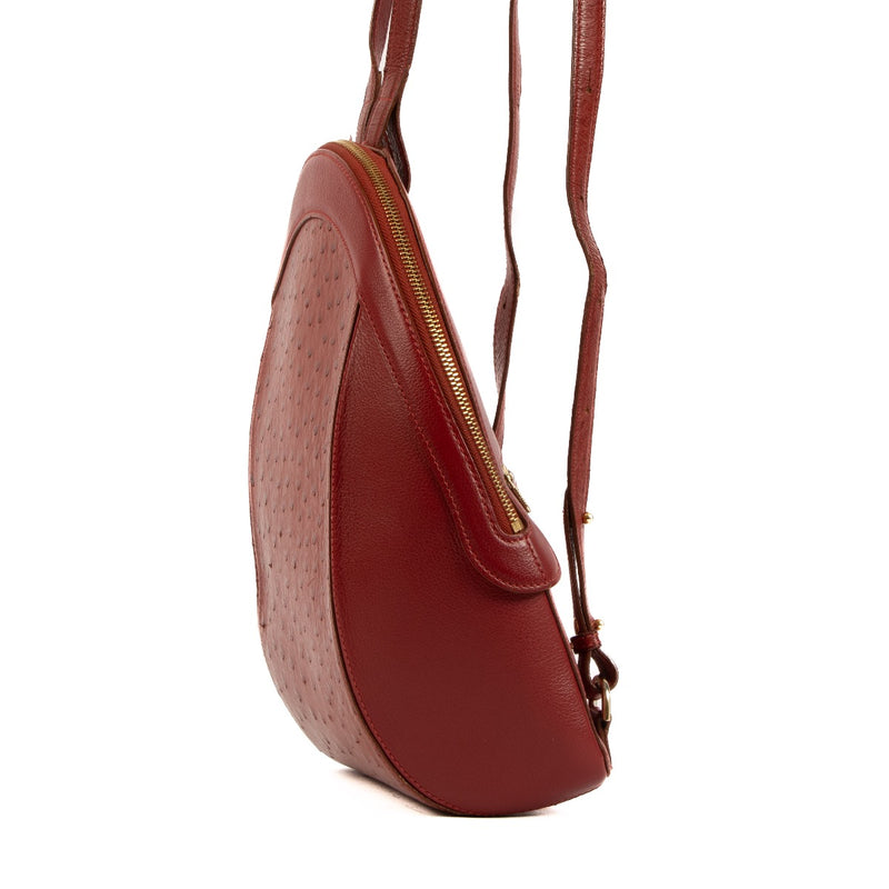 Shop vintage luxury designer second hand Delvaux Red Leather and Ostrich Amitie Backpack at Labellov.