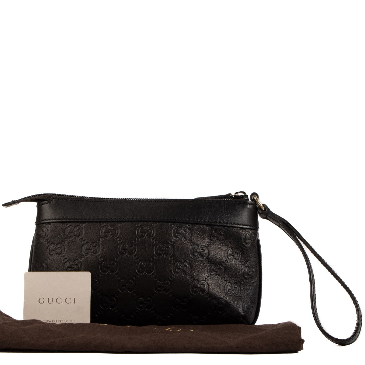 Shop safe online at Labellov this 100% authentic second hand Gucci Black Monogram Empreinte Clutch