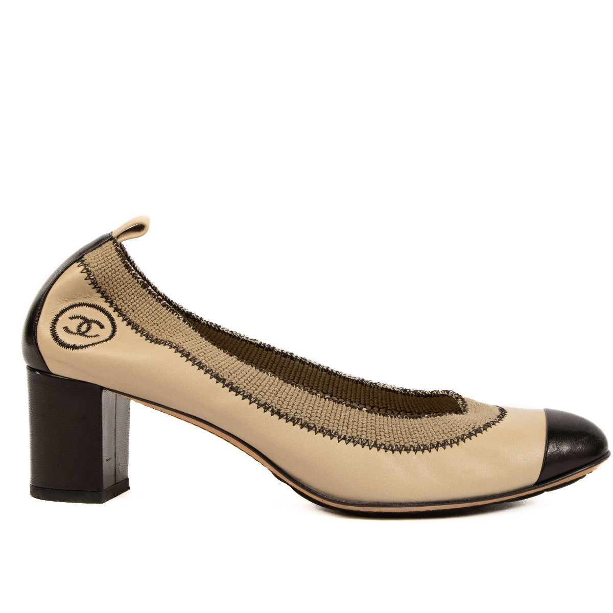 Chanel Beige/Black Cap Toe Elastic Pumps