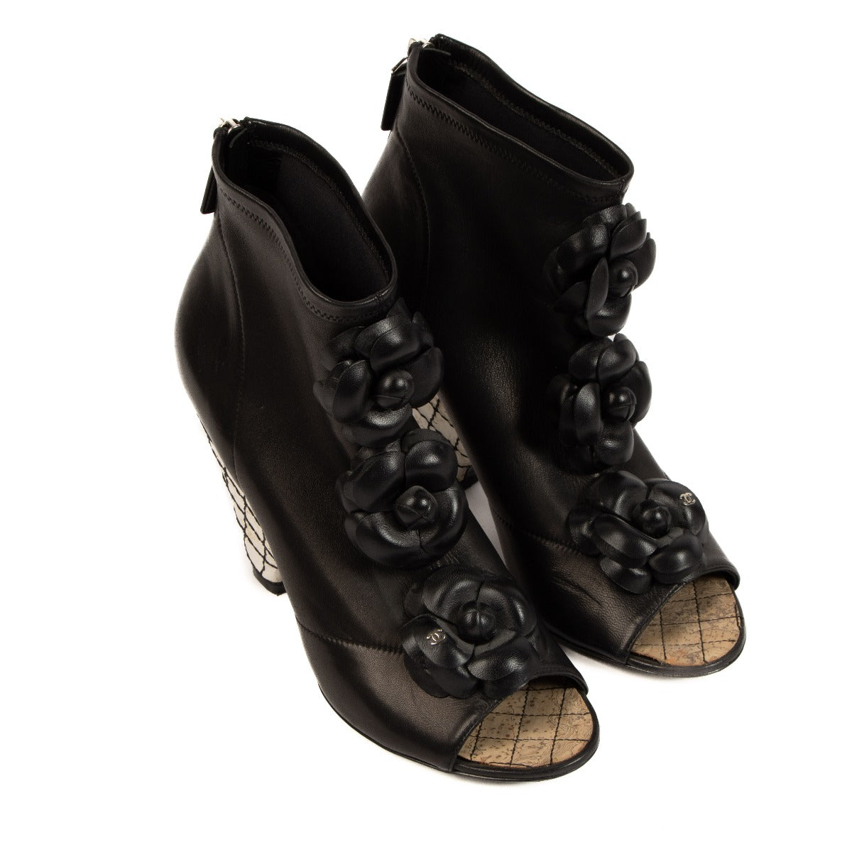 Chanel Black Open-Toe Camellia Boots