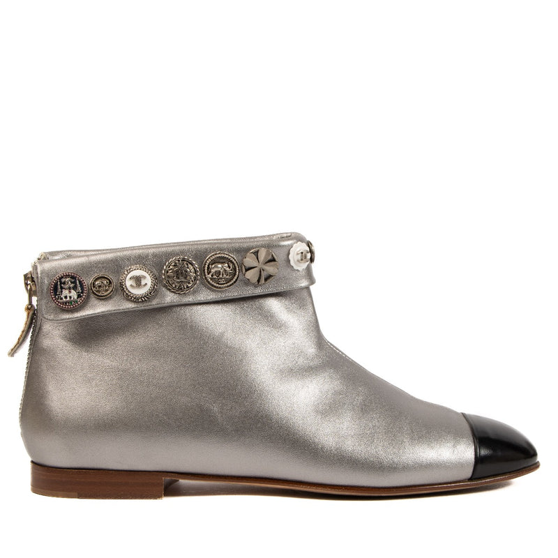Chanel Silver Cap Toe Lucky Charm Button Flat Boots