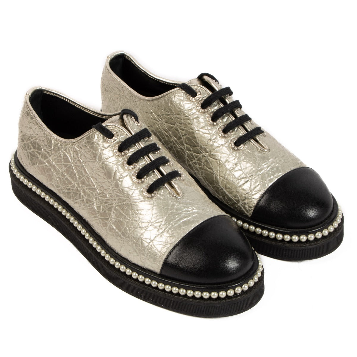 Chanel Silver Pearl Trimmed Derby Shoes