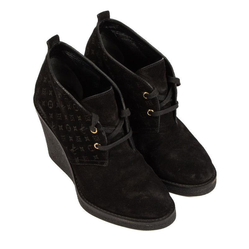 Louis Vuitton Black Monogram Suede Wedge Boots