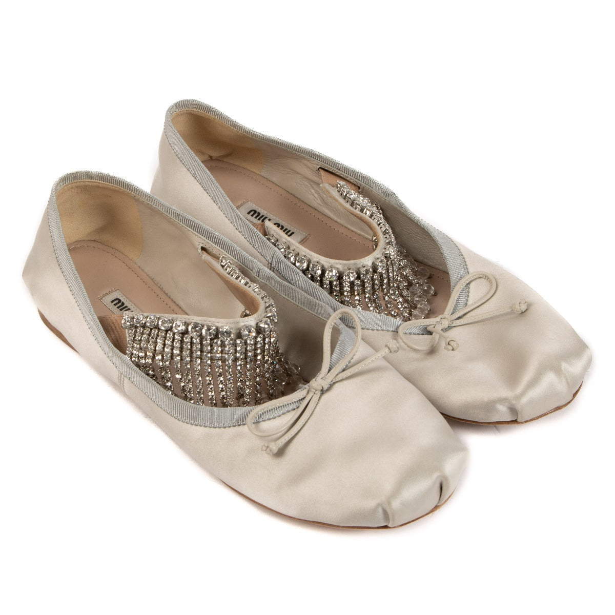 Miu Miu Grey Satin Crystal-Embellished Ballet Flats