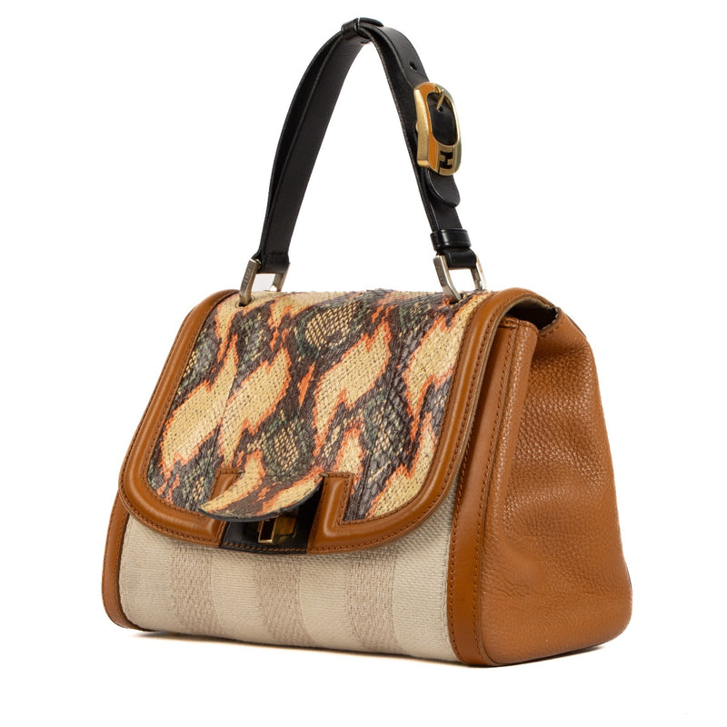 Shop safe online at Labellov in Antwerp, Brussels and Knokke this 100% authentic second hand Fendi Multicolor Roman Leather, Water Snake and Toile Silvana Shoulder Bag