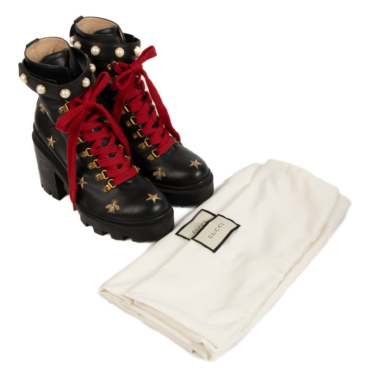 Gucci Black Bee Pearl Embellished Lace-up Boots