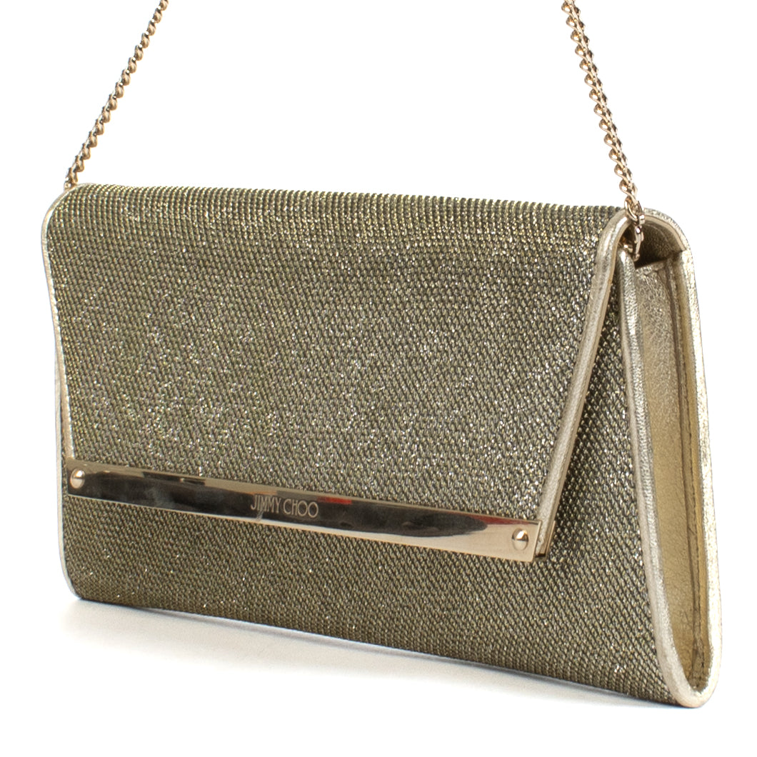 Shop safe online at Labellov in Antwerp, Brussels and Knokke this 100% authentic second hand Jimmy Choo Gold Sparkle Margot Clutch Bag