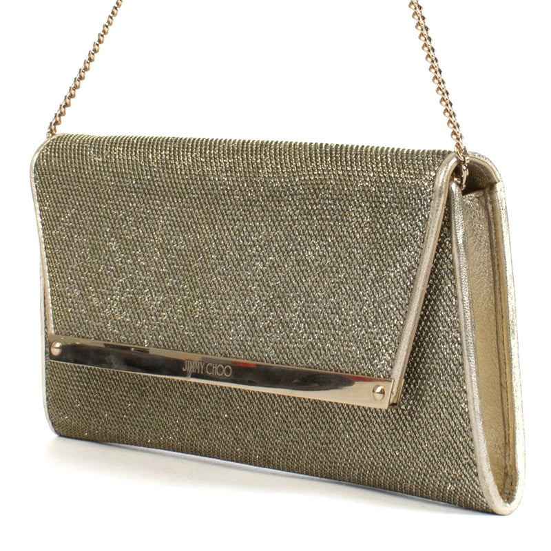 Shop safe online at Labellov in Antwerp, Brussels and Knokke this 100% authentic second hand Jimmy Choo Gold Sparkle Margot Clutch Bag
