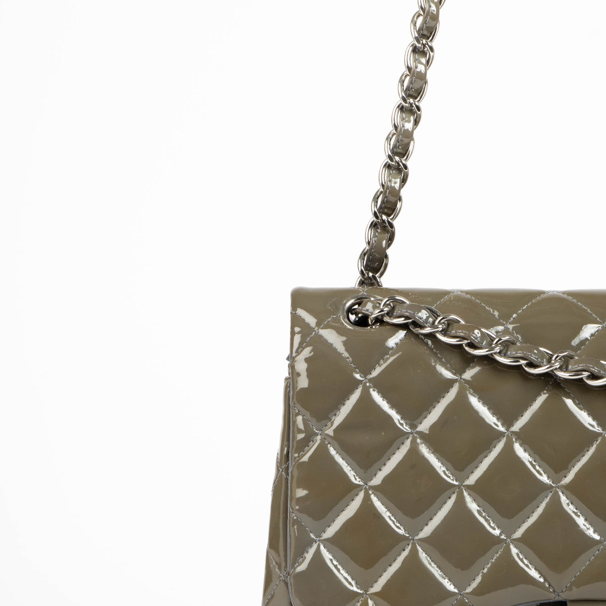 Authentic pre-loved Chanel Khaki Patent Classic Large Flap Bag on Labellov.com