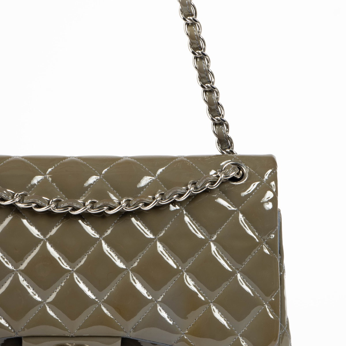 Authentic pre-loved Chanel Khaki Patent Classic Large Flap Bag on Labellov.com