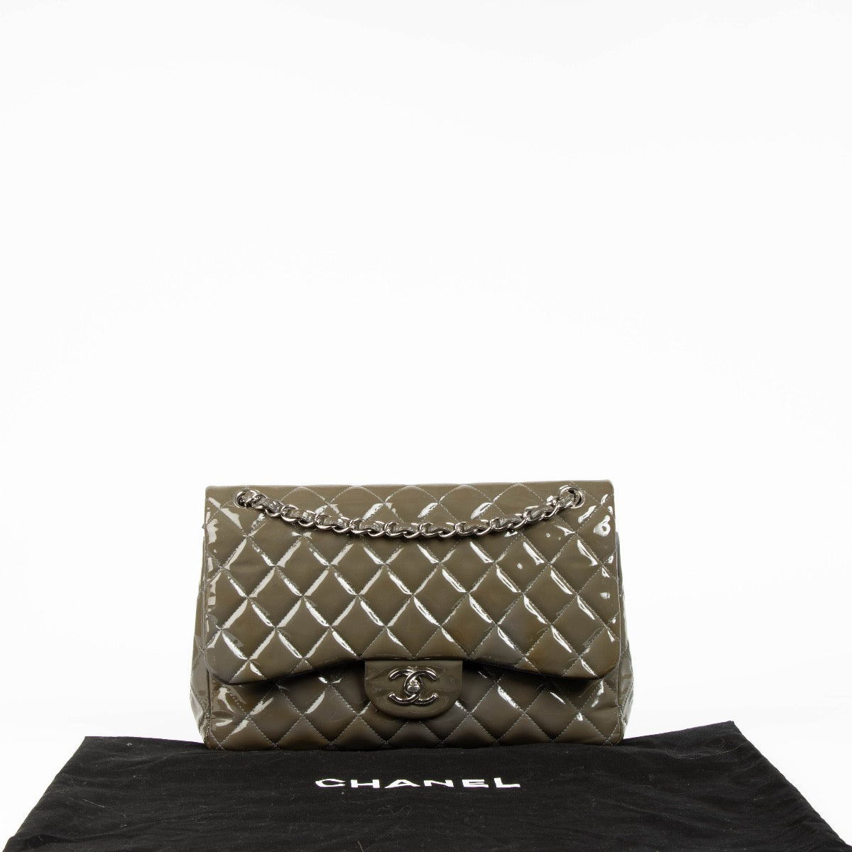 Authentic pre-loved Chanel Khaki Patent Classic Large Flap Bag on Labellov.com
