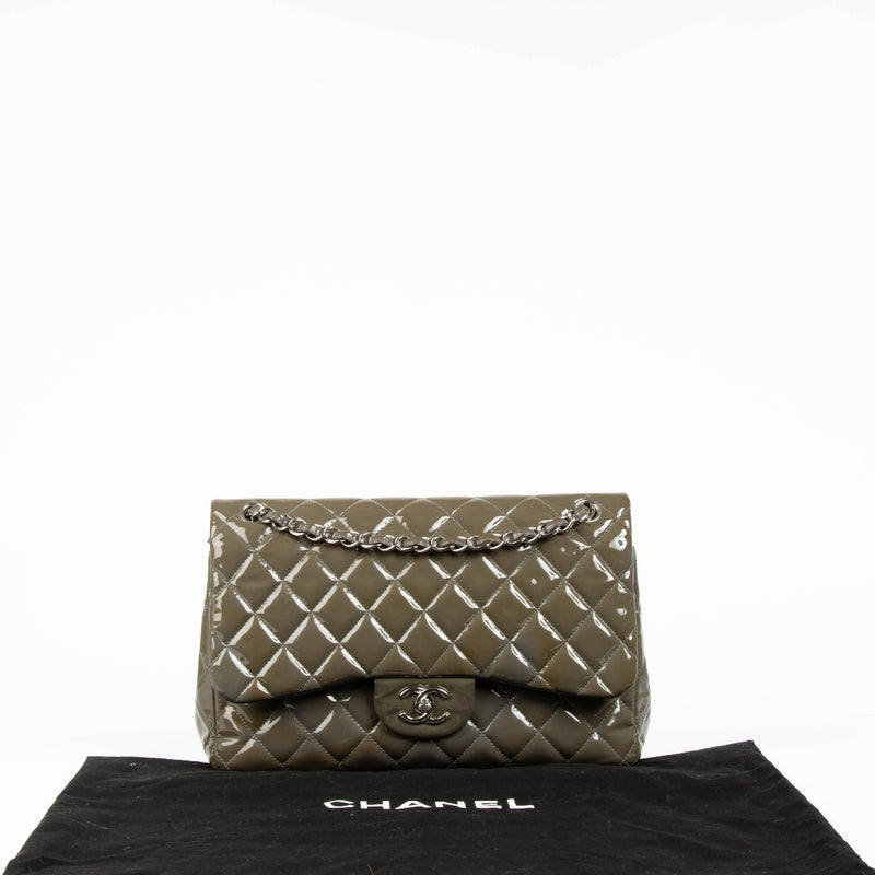 Authentic pre-loved Chanel Khaki Patent Classic Large Flap Bag on Labellov.com