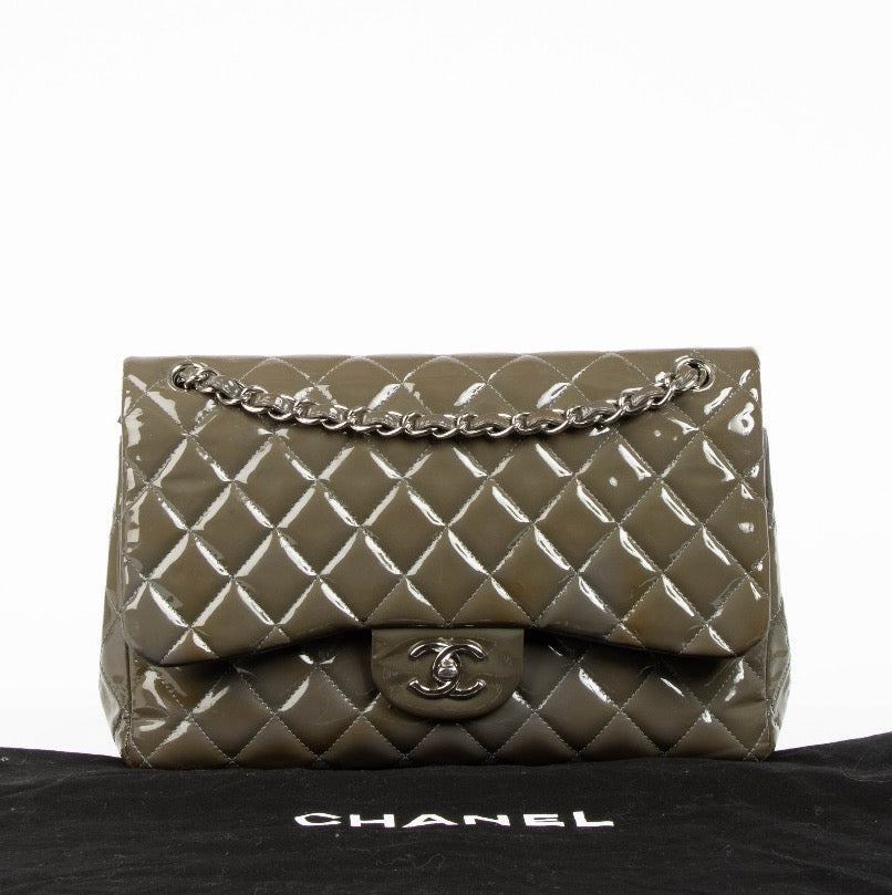 Chanel Khaki Patent Classic Grote Kleptas