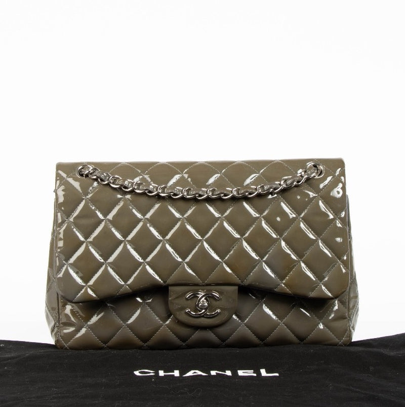 Chanel Khaki Patent Classic Grote Kleptas
