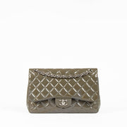 Authentic pre-loved Chanel Khaki Patent Classic Large Flap Bag on Labellov.com