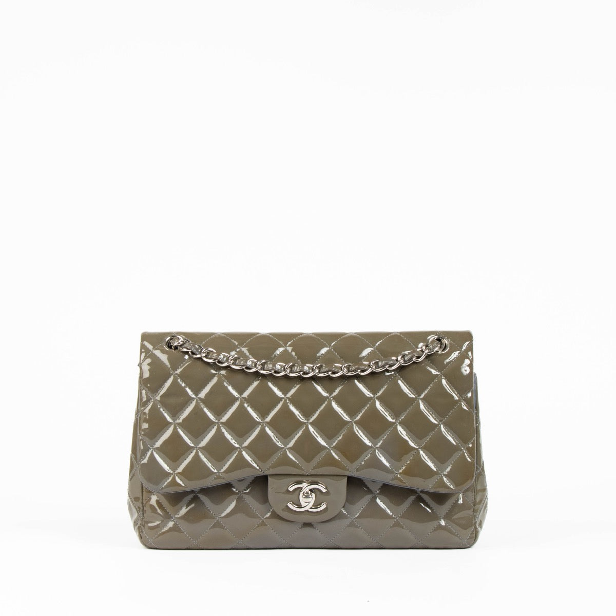 Authentic pre-loved Chanel Khaki Patent Classic Large Flap Bag on Labellov.com