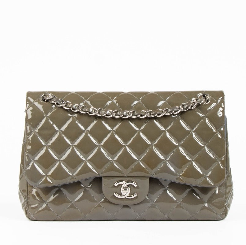 Chanel Khaki Patent Classic Grote Kleptas