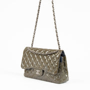 Authentic pre-loved Chanel Khaki Patent Classic Large Flap Bag on Labellov.com
