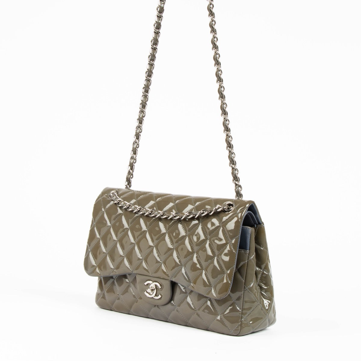 Authentic pre-loved Chanel Khaki Patent Classic Large Flap Bag on Labellov.com