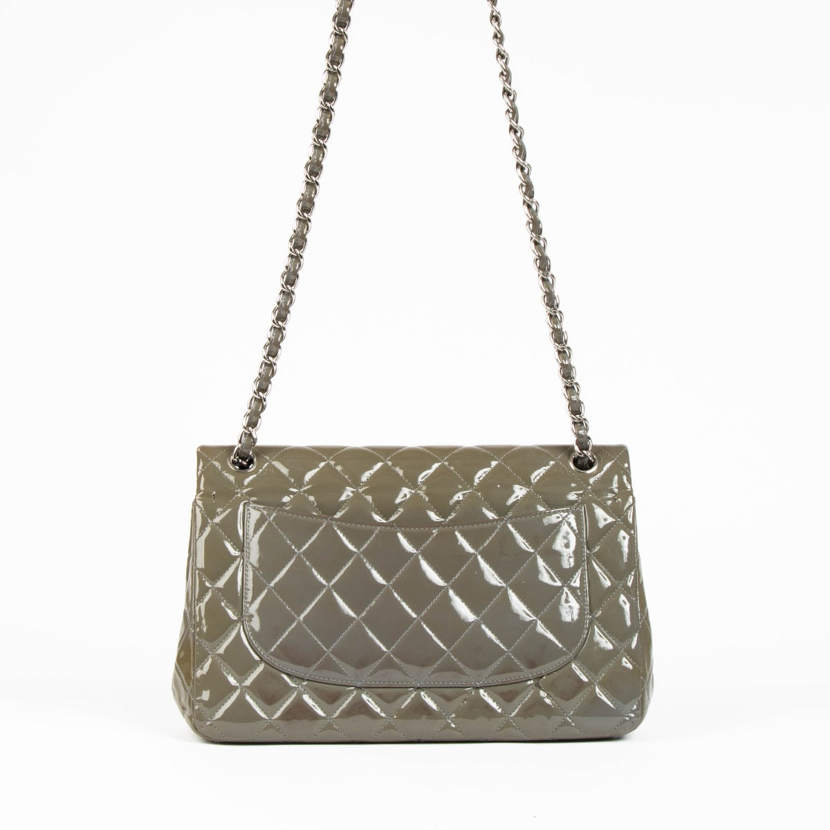 Authentic pre-loved Chanel Khaki Patent Classic Large Flap Bag on Labellov.com