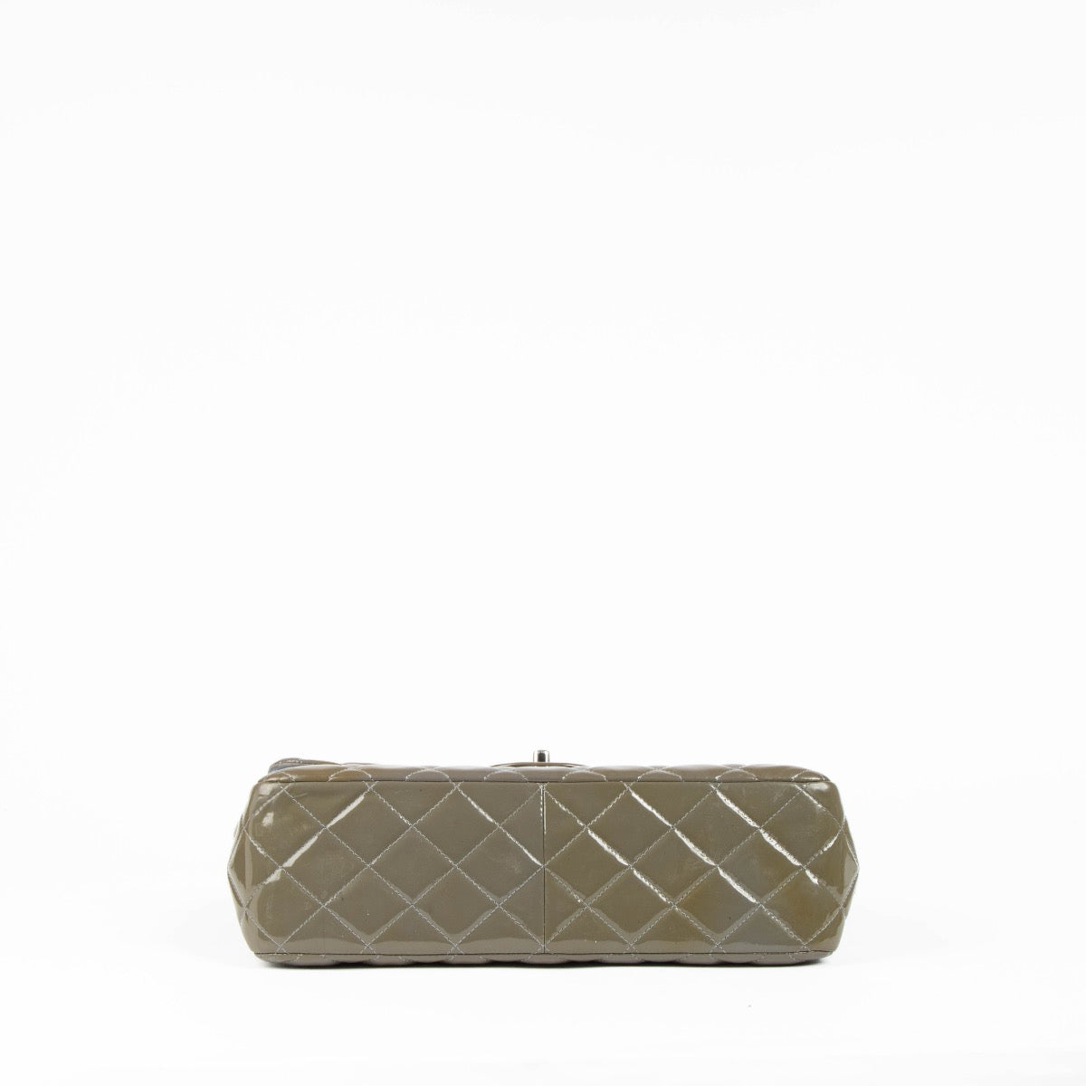 Authentic pre-loved Chanel Khaki Patent Classic Large Flap Bag on Labellov.com