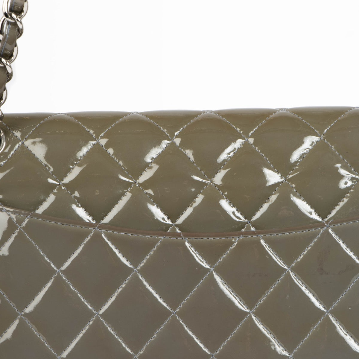 Authentic pre-loved Chanel Khaki Patent Classic Large Flap Bag on Labellov.com