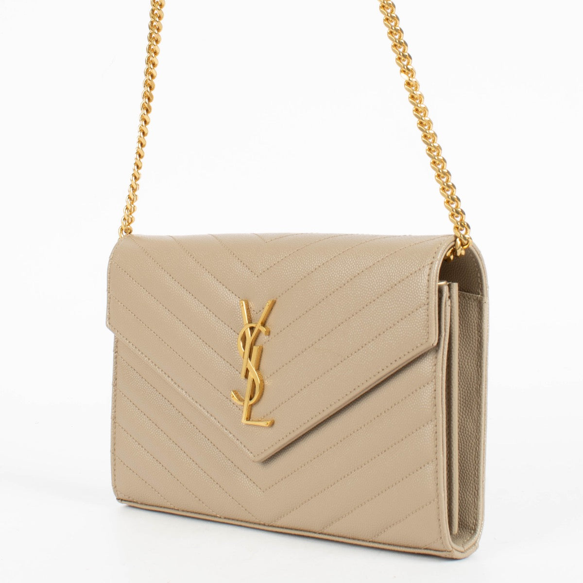Authentic pre-loved Saint Laurent Beige Leather Classic Cassandre Matelassé Chain Wallet on Labellov.com