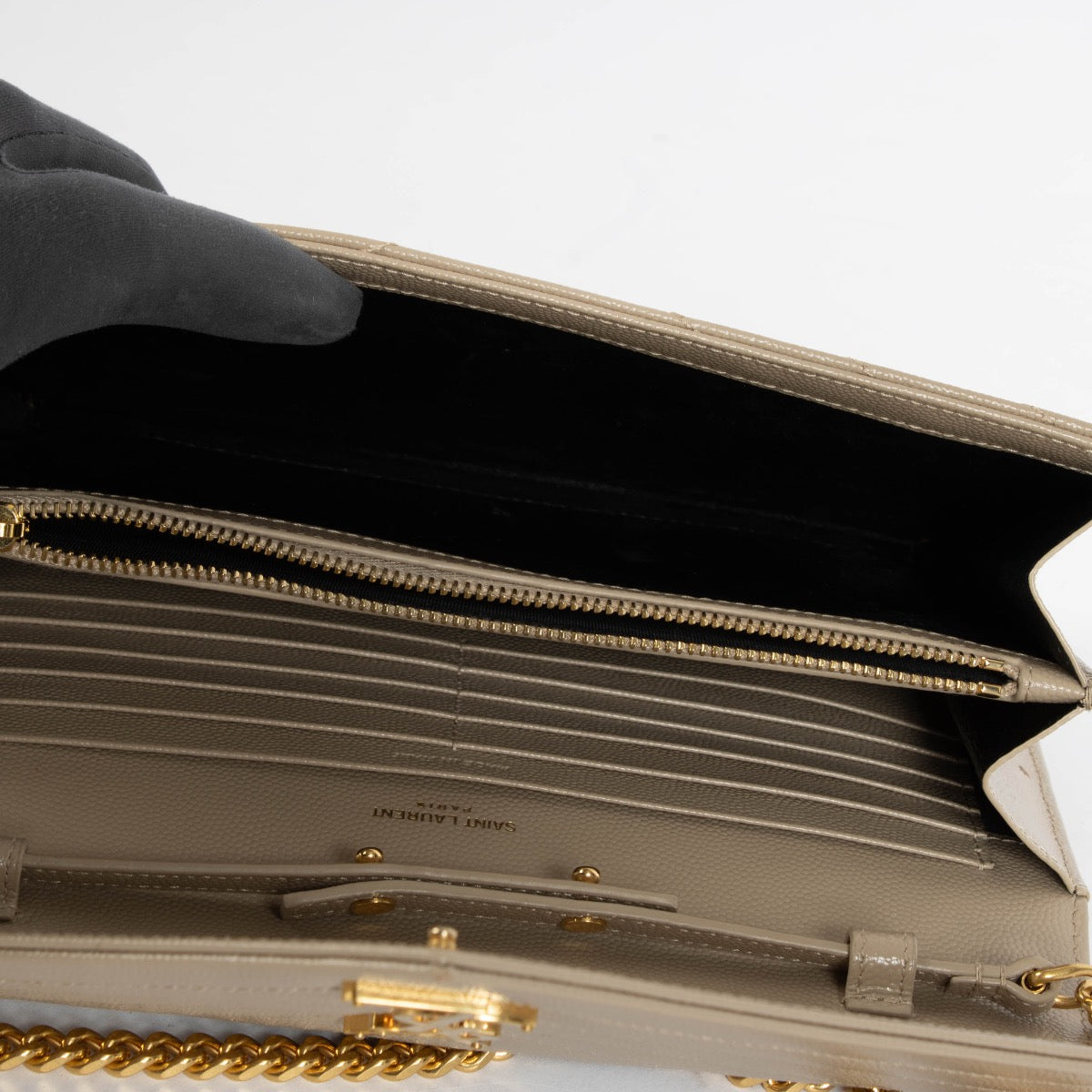 Authentic pre-loved Saint Laurent Beige Leather Classic Cassandre Matelassé Chain Wallet on Labellov.com