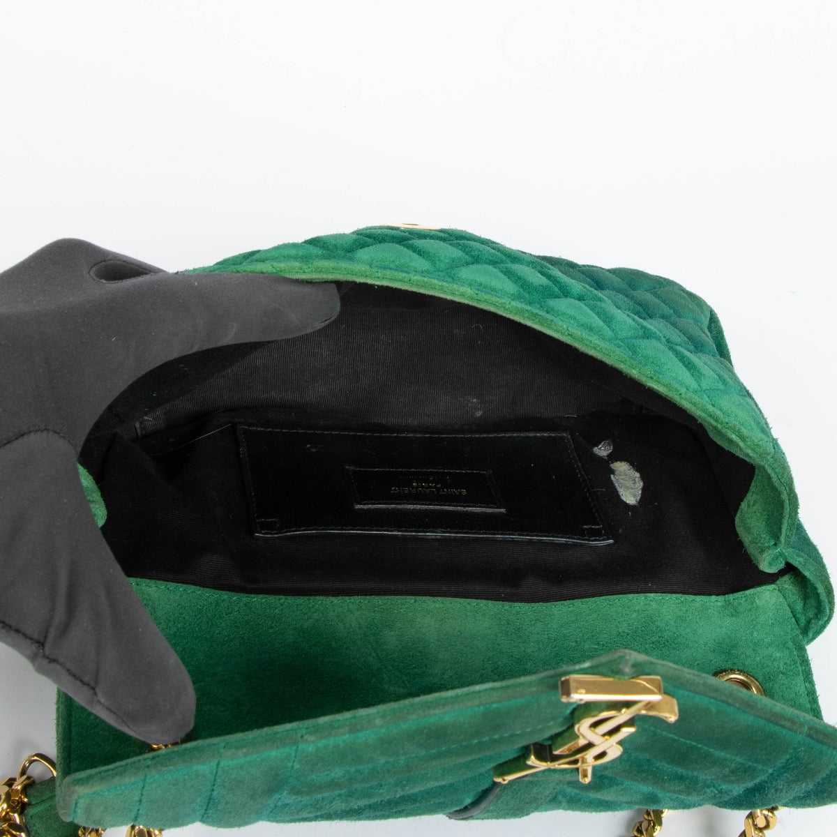 Authentic pre-loved Saint Laurent Green Suede Envelope Shoulder Bag on Labellov.com