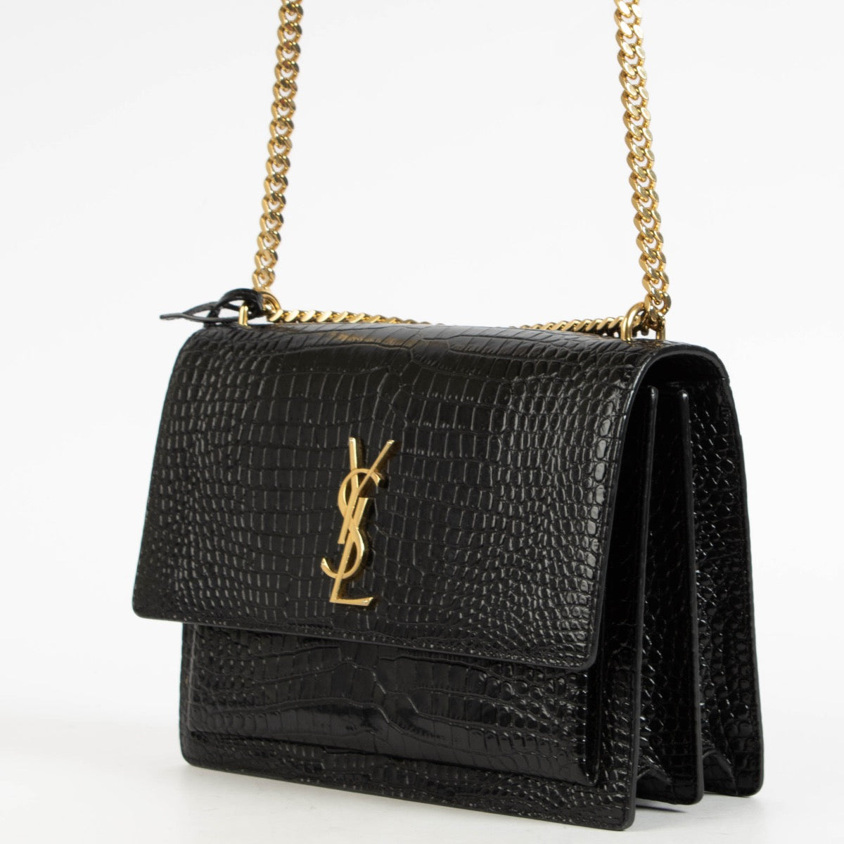 Authentic pre-loved Saint Laurent Black Crocodile Embossed Sunset Large Bag on Labellov.com