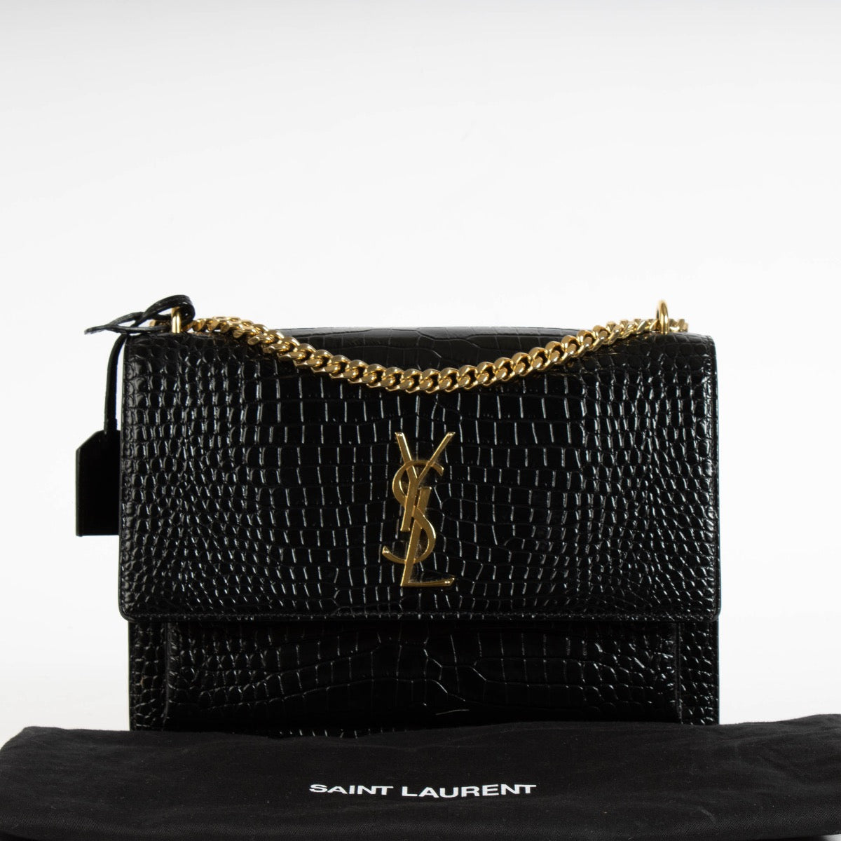 Authentic pre-loved Saint Laurent Black Crocodile Embossed Sunset Large Bag on Labellov.com