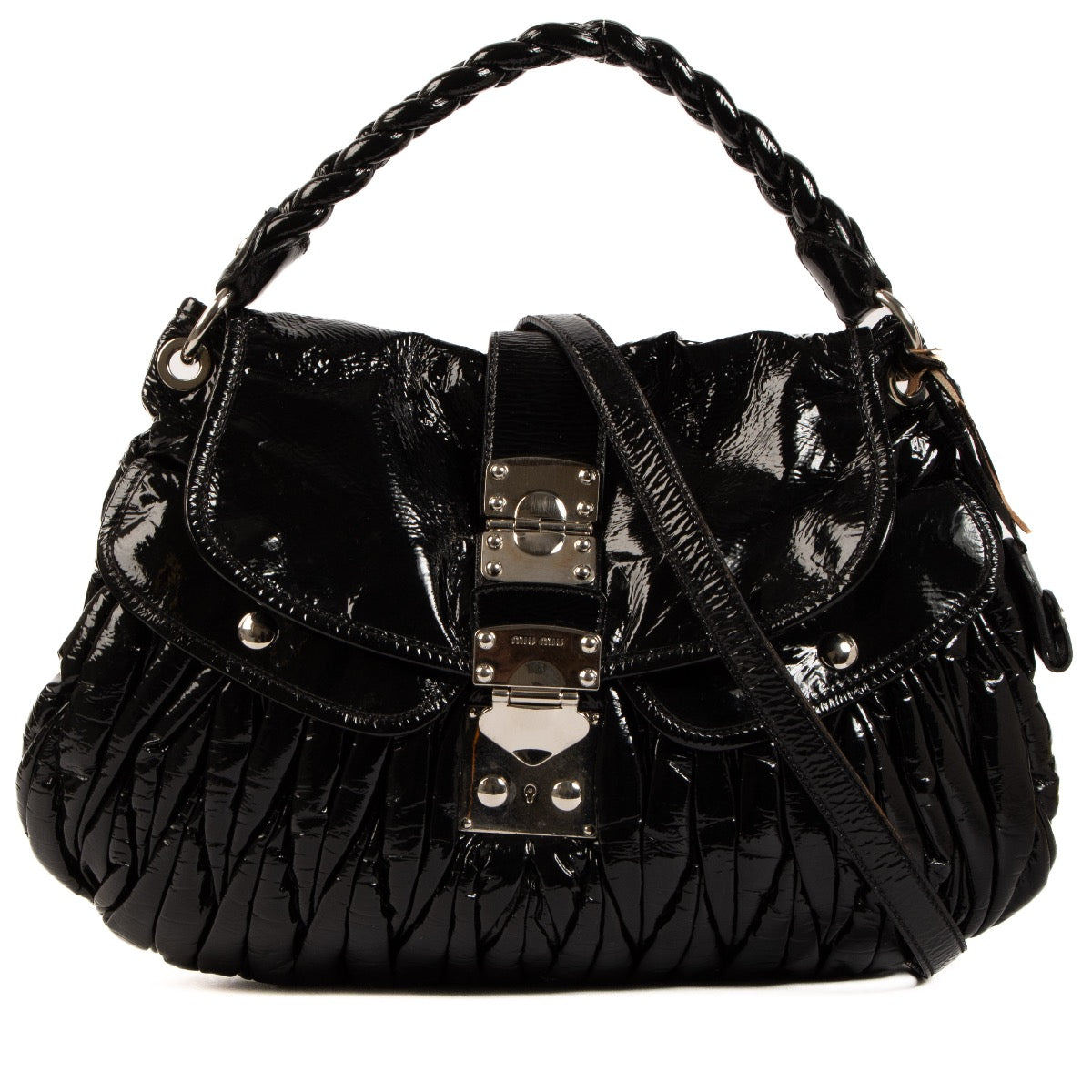 Shop 100% authentic second-hand Miu Miu Black Patent Coffer Two Way Shoulder Bag on Labellov.com