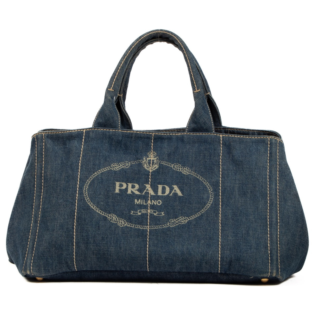 Prada Blue Denim Logo Large Canapa Tote Bag