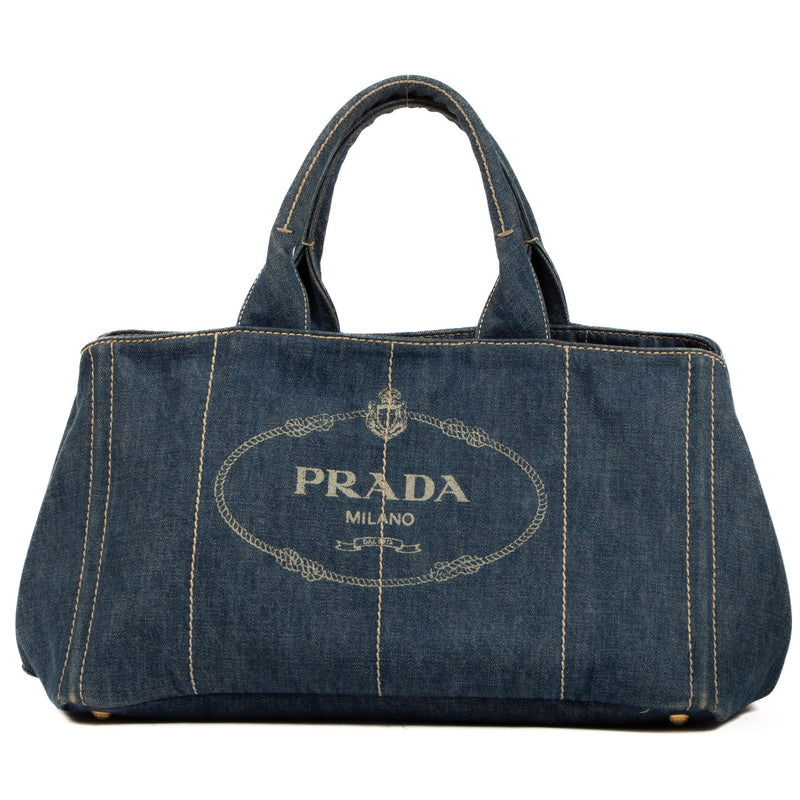 Prada Blue Denim Logo Large Canapa Tote Bag