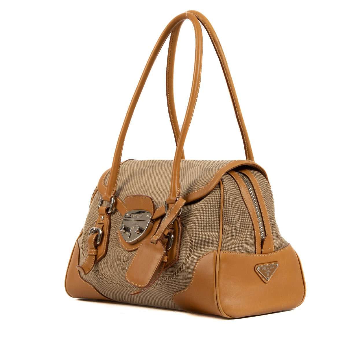 Shop 100% authentic second-hand Prada Brown Logo Jacquard Handbag on Labellov.com