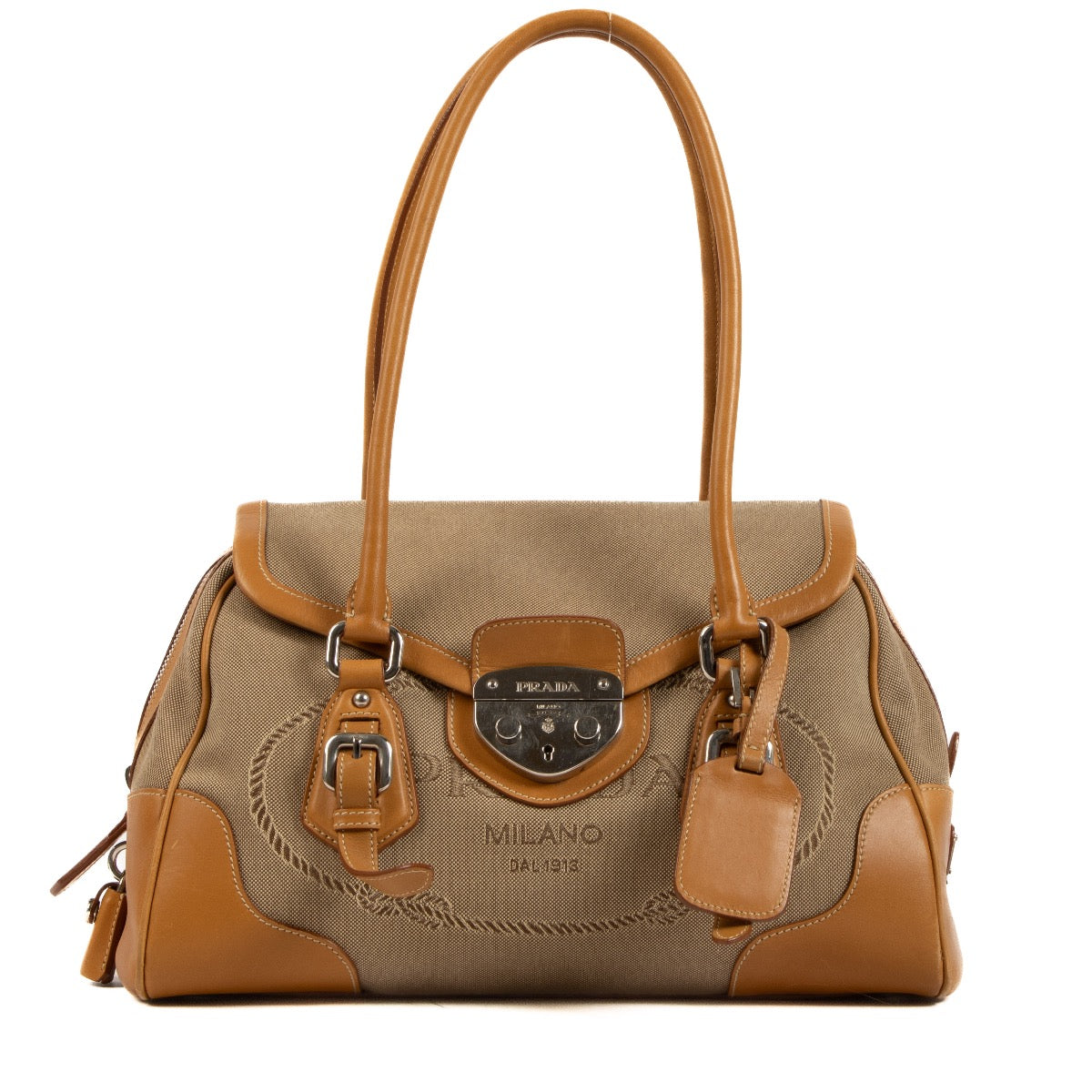 Shop 100% authentic second-hand Prada Brown Logo Jacquard Handbag on Labellov.com