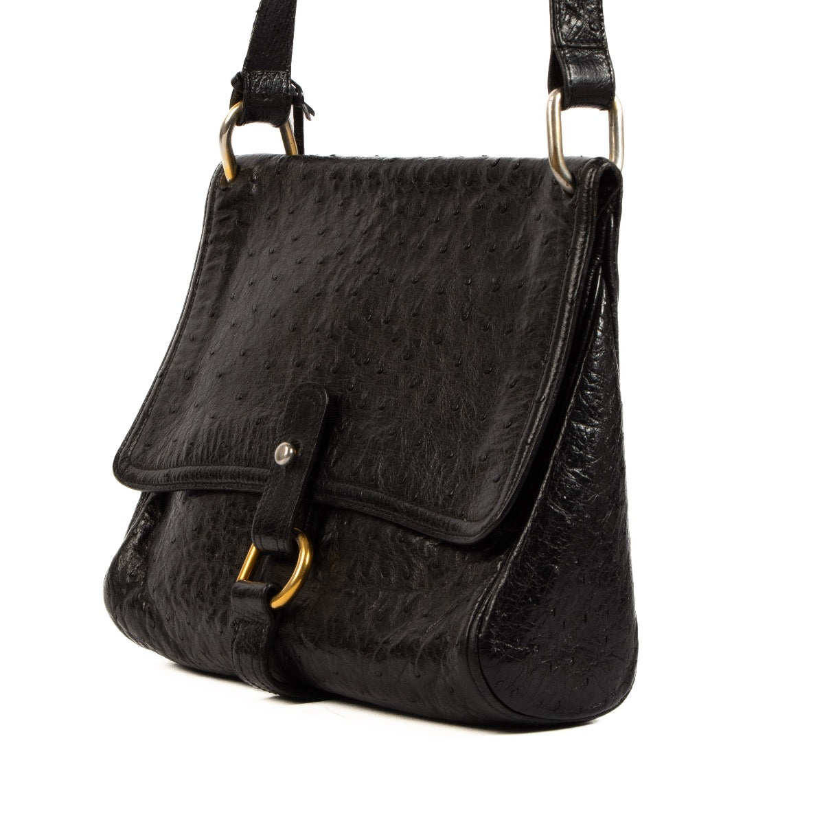 shop safe online this Delvaux Black Ostrich Leather Fichu Crossbody Bag. koop veilig online tegen de beste prijs.