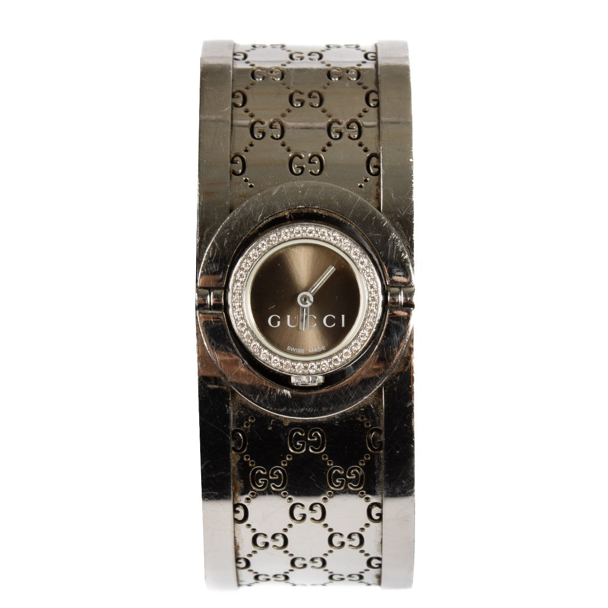 Shop safe online at Labellov in Antwerp, Brussels and Knokke this 100% authentic second hand Gucci Steel Twirl Small Diamonds Brown Watch