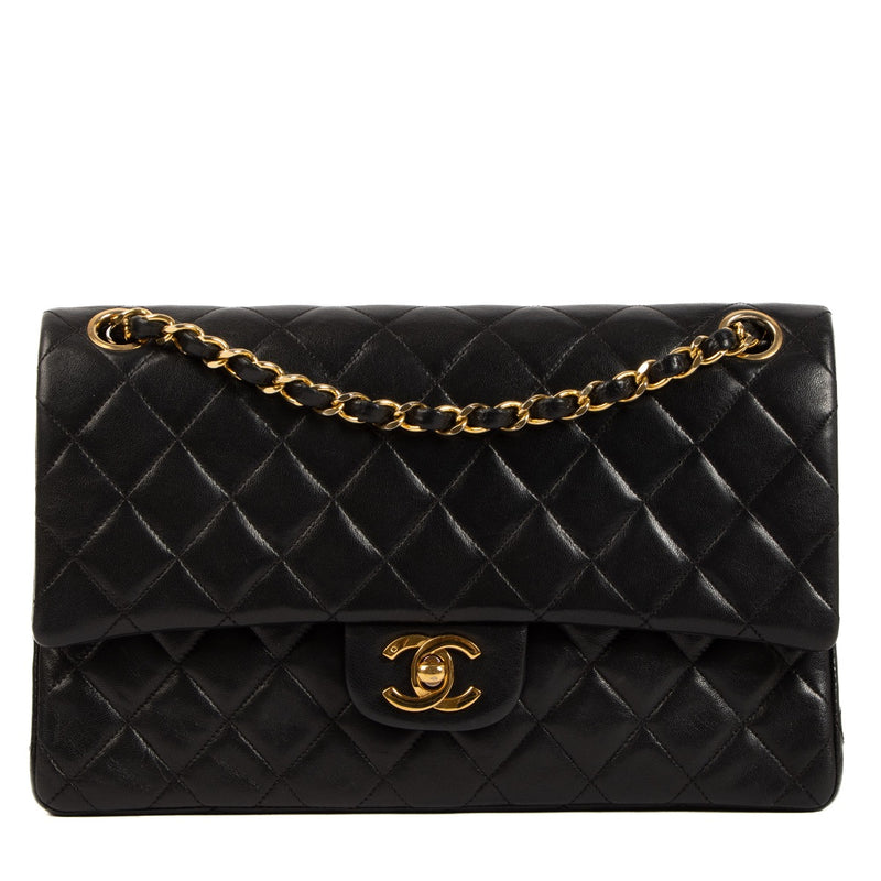 Buy real authentic Chanel Vintage Black Lambskin Medium Classic Flap Bag safe online at Labellov.com or in Brussels, Knokke and Antwerp
