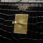 Hermès 1960s Kelly 35 Black Shiny Porosus Crocodile logo stamp