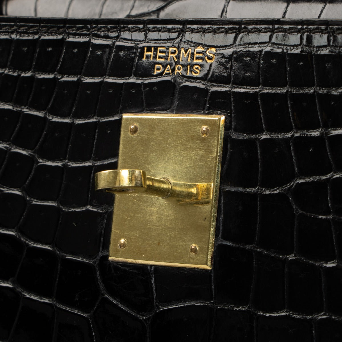 Hermès 1960s Kelly 35 Black Shiny Porosus Crocodile logo stamp