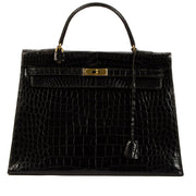 Hermès Vintage Kelly 35 Black Shiny Porosus Crocodile