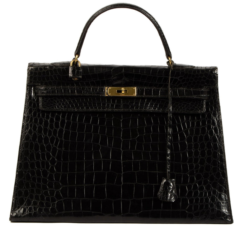 Hermès Vintage Kelly 35 Black Shiny Porosus Crocodile