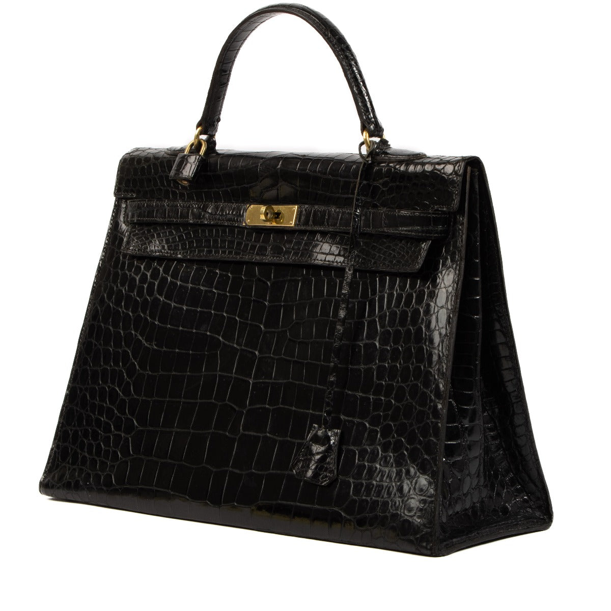 Authentic second hand pre-owned Hermès 1960s-1970s Kelly 35 Black Shiny Porosus Crocodile on labellov.com