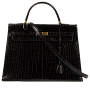 Hermès 1960s Vintage Kelly 35 Black Shiny Porosus Crocodile