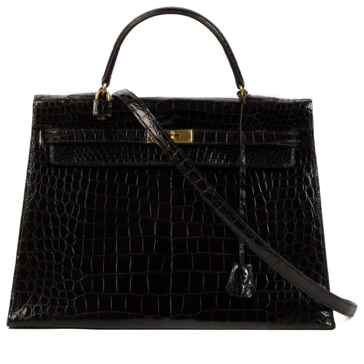 Hermès 1960s Vintage Kelly 35 Black Shiny Porosus Crocodile