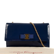 Ferragamo Blue Patent Leather Miss Vera Bow Chain Clutch