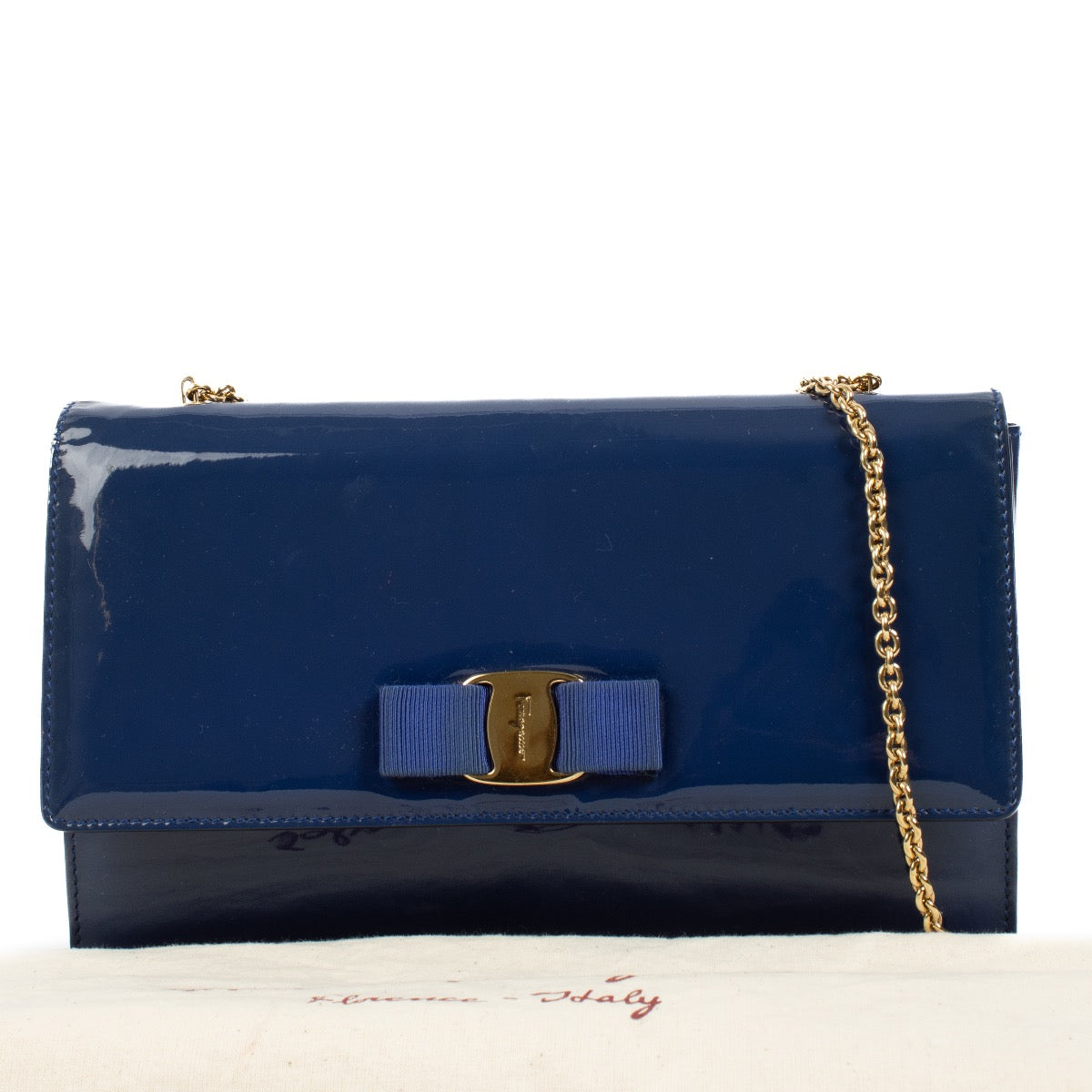 shop 100% authentic second hand Ferragamo Blue Patent Miss Vera Bow Clutch on Labellov.com