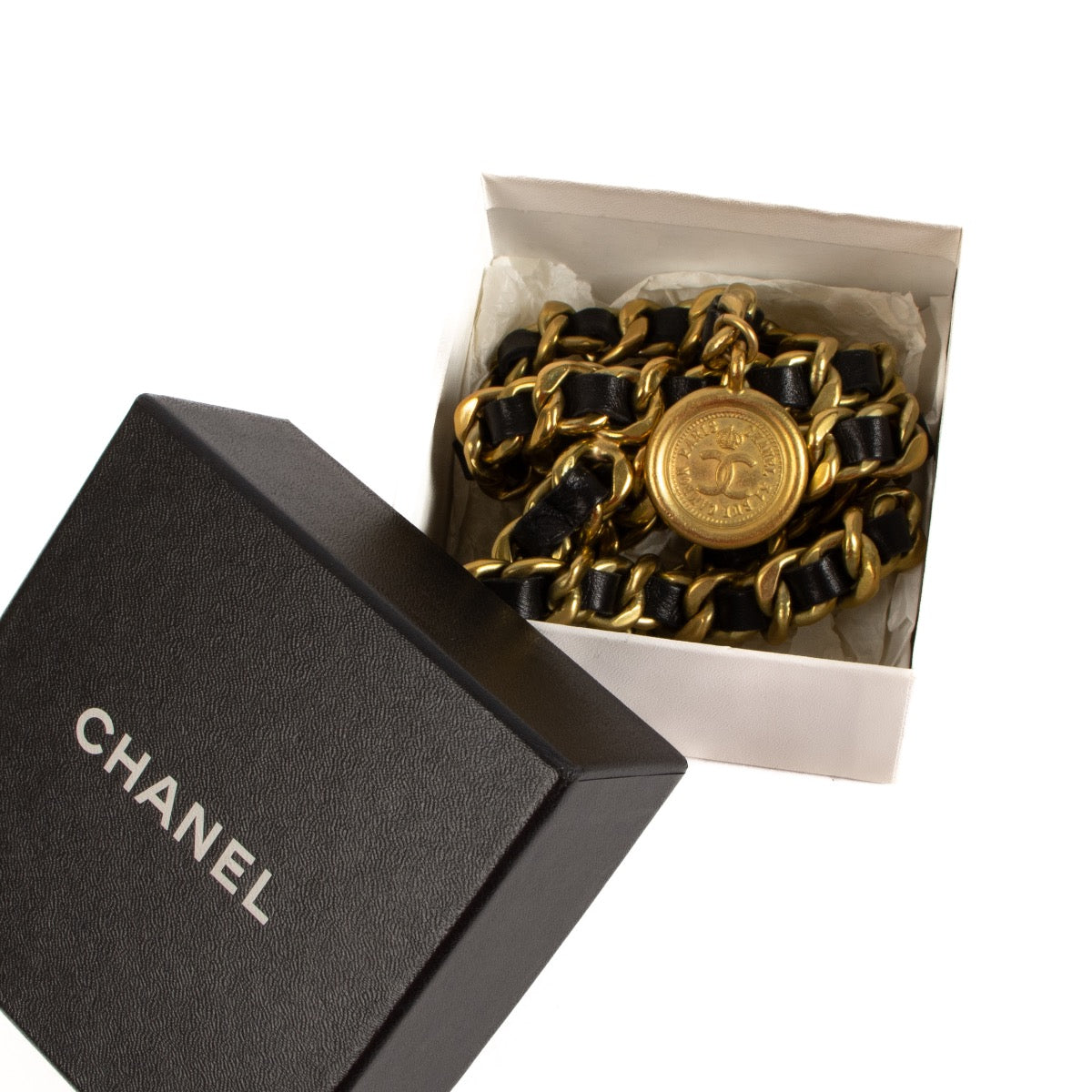 Buy real authentic Chanel Black Mat Gold Medallion Belt safe online at Labellov.com